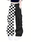 Jofemuho Girls & Womens Elastic Waist Drawstring Cargo Pants,6 Years - Women 2XL Colorblock-Black White Checked 130CM