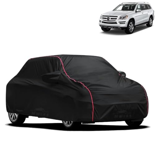 Image of Waterproof Car Cover for Mercedes Benz GL | All-Weather Protection, Dustproof & UV Resistant | Triple Stitched Mirror Pockets, Windproof Buckle Strap with Elastic Hem, Black-Red Piping