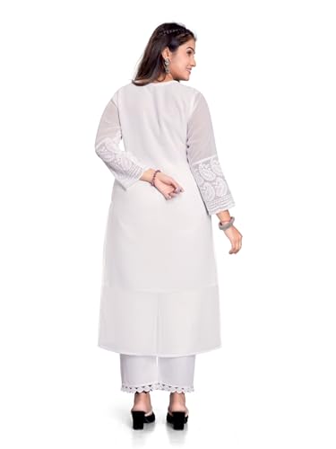 Image of IMPEX Hand Embroidered Chikankari Georgette Kurta for Women | Kurti | 3 /4th Sleeves | Round Neck | Ethnic Kurta | Ideal for Casual Wear, Festive, Wedding & Parties