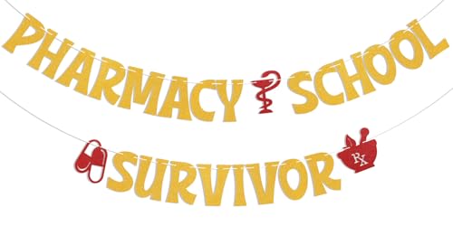 Pharmacy School Survivor Banner - Congrats Pharmacist, Pharmacist Class of 2026 Decor, 2026 Pharmacy School Graduation Party Decorations Gold Glitter