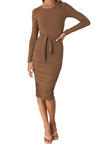 Cutiefox Womens Long Sleeve Ruched Bodycon Midi Dress Tie Waist Knee Length Pencil Dress Brown M