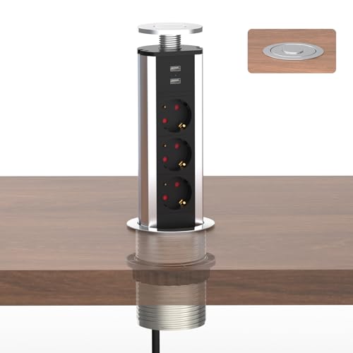 Meisax Prise Escamotable Plan de Travail avec 3 Prises 2 USB Diamètre 80mm Câble 1,8m, Multiprise Encastrable Bloc pour Cuisine Bureau Chambres Salon（chromé）