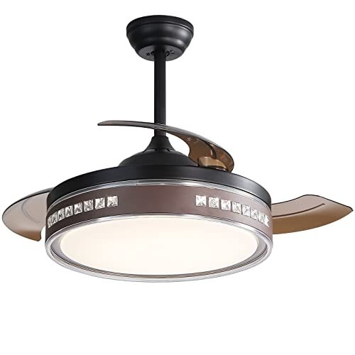 Image of 42 Inch Modern Retractable Ceiling Fan with Lights Remote Control, Smart Ceiling Fan Bladeless for Bedroom, 3 Invisible Blades Chandelier Ceiling Fans with 5 inch /10 inch Downrod and 1 /2 /4 Timer