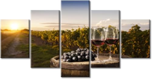 Tableaux modernes verre de vin rouge : impression sur toile 5 panneaux 100x50 cm avec cadre