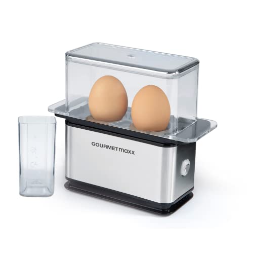 GOURMETmaxx Eierkocher | Für zwei Eier | Inklusive Messbecher für die optimale Wassermenge und Ei-Pick | Platzsparendes Design [schwarz/silber] Cover