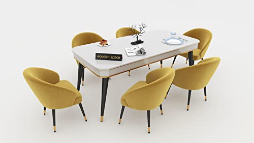 Image of WOODEN SPACE 6-Seater Wooden Dining Table Set | Nano Composite Marble Top | Solid Wood Base | Modern Dining Room Furniture with 6 Chairs (Yellow)