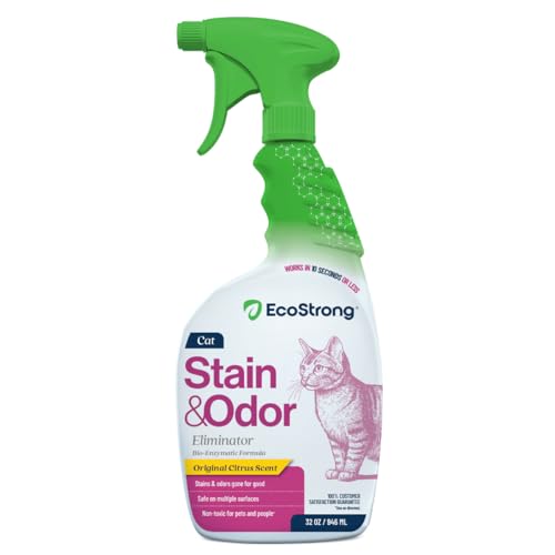 Eco Strong Cat Stain And Odor Remover | Enzyme Urine Odor Neutralizer - Stain Remover for Carpet Litter Boxes Bedding and Laundry [Citrus Scent 32 oz. Spray]