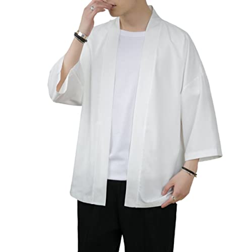 Men's Japanese Haori Jacket Kimono Noragi Cardigan 3/4 Sleeve Casual Happi Coat