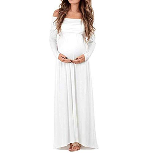 Mujer Chica Hombro Plano Manga Corta Cintura Alta De Vintage Gravida Vestido Maternidad Embarazada Falda Toga Ropa (Color : Blanco, Size : S)