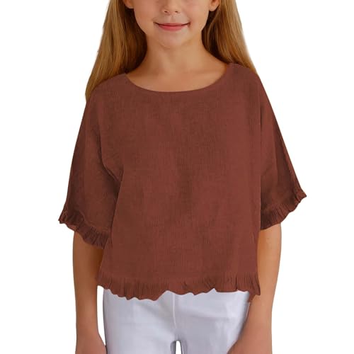 Girls Cotton Linen Cropped Tops Ruffle Elbow Sleeve Blouse Oversized T-Shirt Elegant Blouse Crewneck Tees Cute T-Shirt