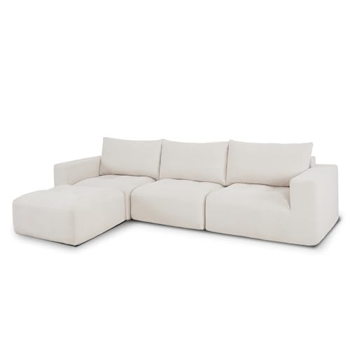MCombo 121" Modular Sofa Couch, No Assembly Required, L Shaped Compressed Sectional Sofa with Ottoman, Deep Seat Upholstered Boneless Couch for Living Room, SS378 (White)