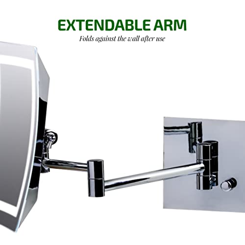 Image of OVENTE 7 inch Wall Mounted Lighted Makeup Mirror, Polished Chrome MSWA6387CH7X | Rectangular Bathroom Mirror with 7X Magnification, Dimmable White LED Lights, Extendable Folding Arm, AC Adapter Operated