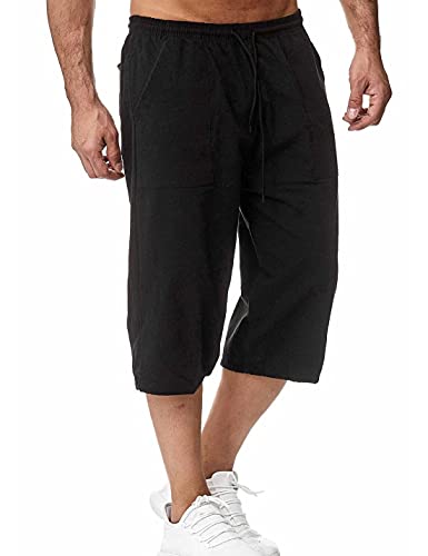 HangNiFang Men's Long Linen Shorts Below Knee Pocketed 3/4 Summer Drawstring Capri Pant(0131-Black-L)