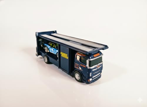Image of Die Cast Transport Truck with Sports Car for Toddlers | Kids Trailer Toy with Mini Racing Car | Metal Carrier Vehicle for Boys and Girls 3+ Years | Friction Powered Transporter Toys (Blue)