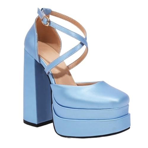 Women's Platform Chunky Heels Closed Toe Block Ankle Strap Dress Wedding Party Pumps Shoes