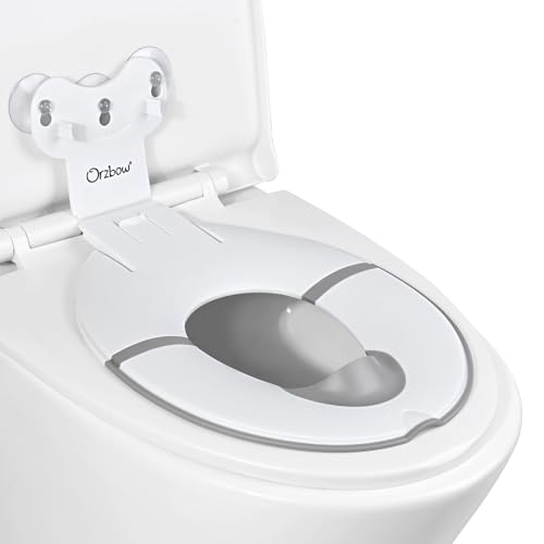 Orzbow Plegable Adaptador Wc Niños, Portatil Reductor Wc Niños con Barrera de Orina de Goma Blanda, Universal Adaptador Baño para Niños con Ventosa, Longitud Ajustable, Fácil de Instalar, Blanco