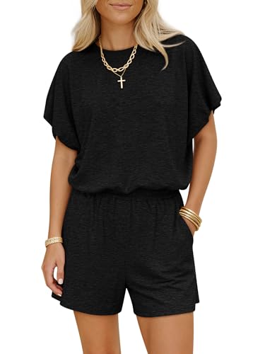 COCCKO Two Piece Outfits for Women Lounge Sets Casual Bubble Short Sleeve Tops and Shorts Set Sweatsuits with Pockets Black L — view 2