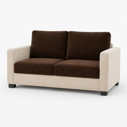 Image of FURNY Haster 3 Seater + 2 Seater Fabric Sofa Set with 1 Ottoman (Dark Brown-Cream) with Velvet Finish | Durable Comfort | Ideal for Living Room