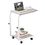 SIMPDIY Side Table Height Adjustable Coffee End/Bedside Table with 4 Wheels for Sofa Bedroom Living Room Office, Suitable for Small Spaces, Stable, Heavy Duty Iron, White Oak