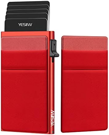 YESIIW Pop up Slim Card Holder RFID Blocking with Money Pocket | Minimalist Business Credit Card Wallet for Women and Men | Aluminum Metal Bank Card Case for Cards and Notes and Coins | Rose Red