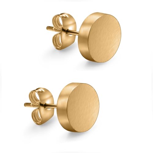 day.berlin Pendientes mujer Twin chapados en oro 18k, 7 mm de diámetro con acabado mate cepillado, diseño plano de 2 mm, acero inoxidable 316L, sin níquel y resistentes al agua