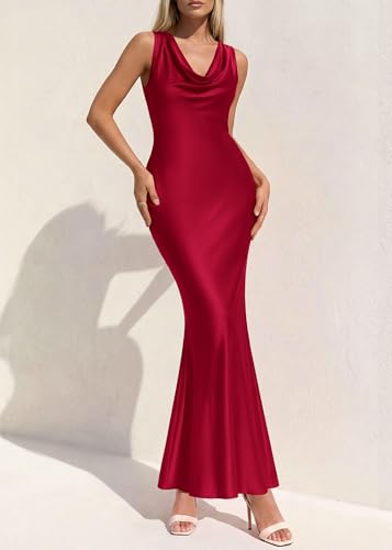 Image of KIRUNDO Womens Cowl Neck Sleeveless Bodycon Satin Maxi Dress | Formal Silk Long Dresses, Mermaid Hem, 2026 Summer Elegant Wedding Guest Cocktail Party Fall Outfits
