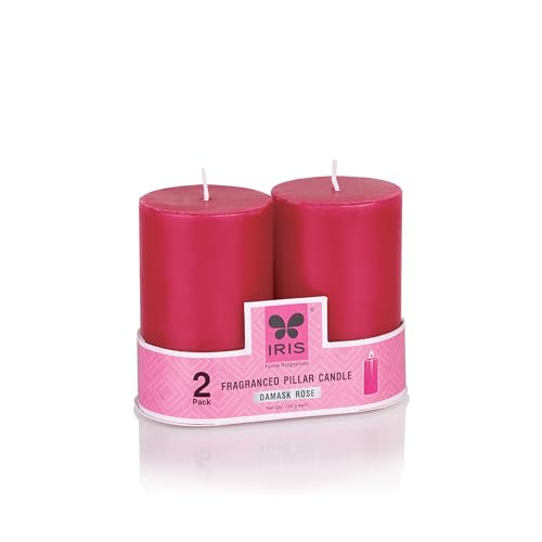 Image of IRIS Home fragrances Pack of 2, Fragranced Pillar Candles- 120G Each- 2 inchX 3 inch (Damask Rose)