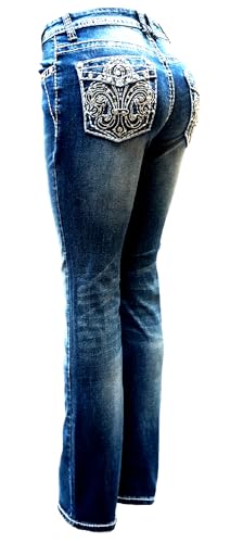Jack David Woman’s Bootcut Jeans Blue Stretch 5-Pocket Premium Denim Jeans Embellished Rhinestone mid Rise Boot Cut.