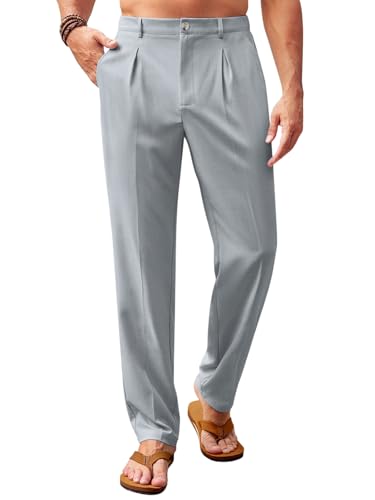 Image of Runcati Mens Casual Pants Elastic Waist Lightweight Loose Pleated Slacks | Summer Beach, Yoga Trousers, Button Closure, Straight Leg, With Pockets, Solid Color