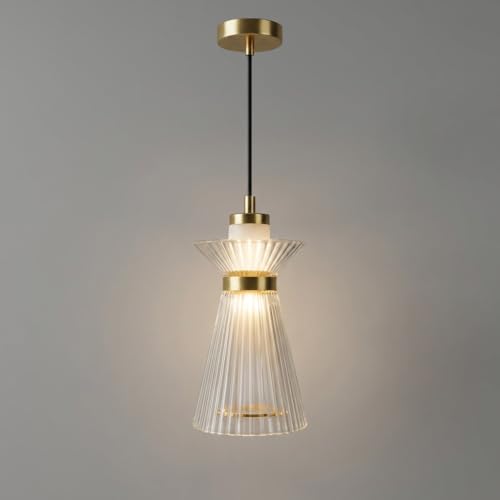 Image of Pendant Light 3-Color CCT (Warm + Natural + Cold White) Ribbed Acrylic Gold Metal Hanging Light for Bedroom Living Room Dining