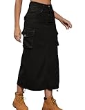 Vanchenl Women's Casual Denim Skirt Button Adjustable Drawstring Midi Long Half Cargo Jean Skirt Black XL