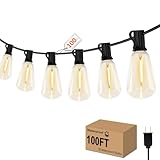 GHUSTAR 100FT LED Outdoor String Llights (NOT Solar) – Patio Lights Outdoor Waterproof for Outside – 2700K Vintage Edison Bulb String Light – Shatterproof Hanging Light for Cafe Porch Deck