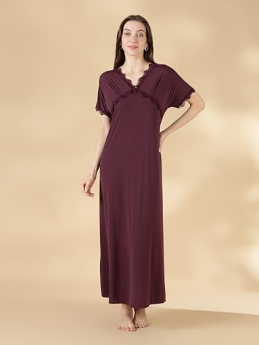 Image of 9shines Label Stylish Soft Modal Maxi Nighty | Honeymoon Nighty | Full Length Trendy Nightgown | V-Neck Lace | Premium Nightdress | Soft Long Nightdress | Maxi Gown Nightwear for Women (Malai Satin)