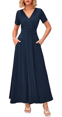 Image of WNEEDU Women's Summer Maxi Dress Short Sleeves Wrap V Neck Long Dresses with Pockets