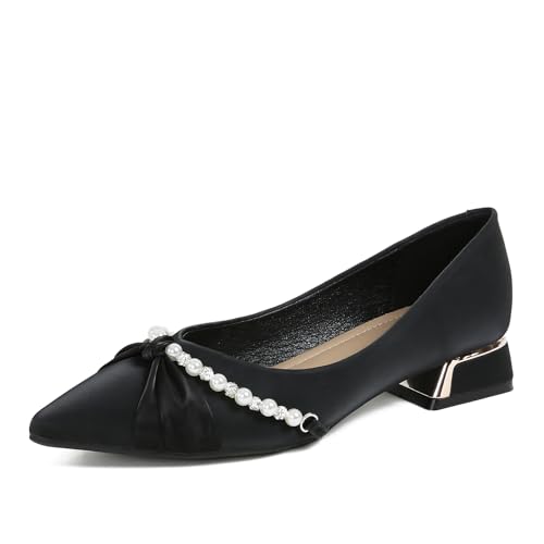 HROYL Women Low Block Heel Dress Shoes Work Office Comfort Pointed Toe Pumps with Crystal