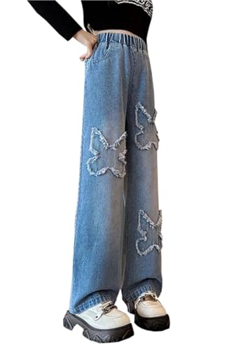 Girls Casual Butterfly Embroidered Baggy Jeans Trousers Kids Elastic Waist Wide Leg Pants Denim Pants2