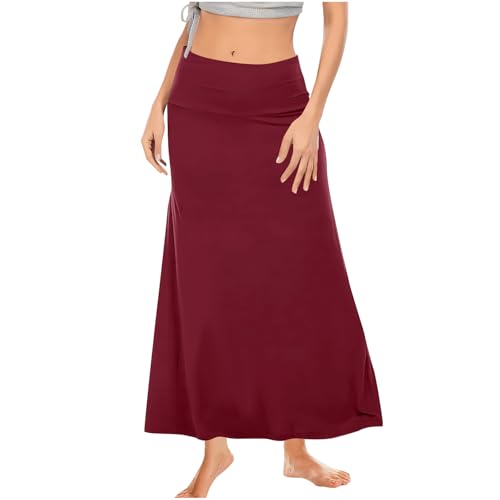 Women's High Waist Skirts Stretchy Elastic Waist Flowy Maxi Skirt Solid Color Dressy Casual Loose Fit Skirts