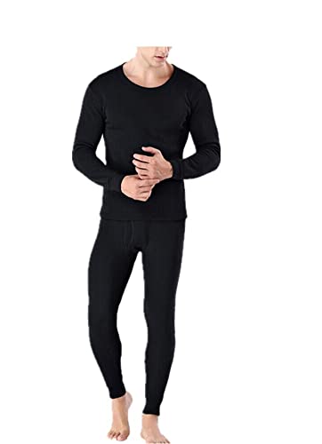 Exgreem Men Winter Fleece Lined 100% Cotton Thermal Long Johns Top Bottom Underwear Set (as1, alpha, x_l, regular, regular, Black)