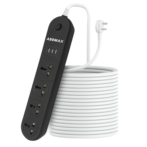 Image of ADDMAX Extension Board with USB - 4 Socket Power Strip, 3 USB Ports, 10 Meter Heavy-Duty Cord, 10A Surge Protector, Fireproof Multi Plug Extension for Home, Office, TV, Computer - Black