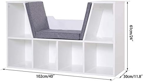 LIVHOOU Children's Bookcase, Bookcase with Seat with Cushion for Books, Toys and Storage for Children's Bedroom, White 61 cm