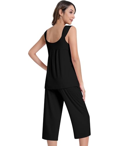 Image of NACHILA Pajamas for Women-Viscose Made from Bamboo, Sleeveless Pjs Top and Capri Pants Pajama Set Cool Pleated Sleepwear