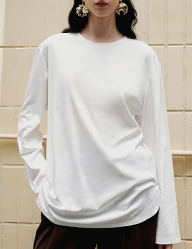 Womens Long Sleeve Stretchy Cotton Blend T-Shirts Tee Crew Neck Oversized Tunic Tops 2025 Trendy Casual2