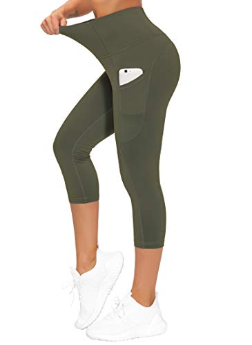 Image of THE GYM PEOPLE Thick High Waist Capris Yoga Pants with Pockets, Tummy Control Workout Running Yoga Leggings for Women