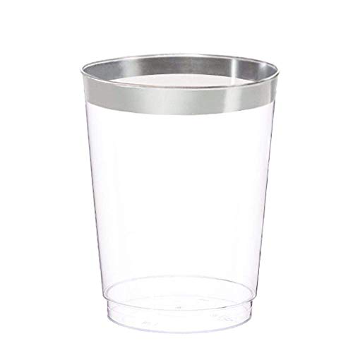 Tomnk 60pcs Silver Plastic Cups, 10oz Old Fashioned Tumblers Silver Rimmed Cups Silver Rimmed Plastic Cups for Birthday, Party, Wedding