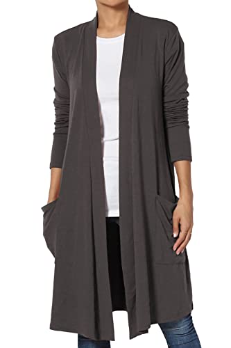 Women's Casual Long Sleeve Pocket Open Front Jersey Knit Knee Length Cardigan