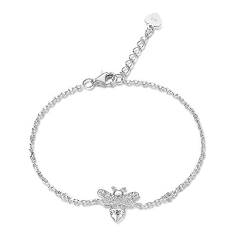 Coodilor Rhodium Plated 925 Sterling Silver Queen Honey Bee Little Bumblebee Sparkling 3A Cubic Zirconia Inlay Charm Bracelet Jewelry Gifts for Women Girl Sister
