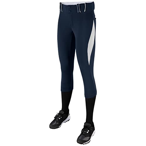 CHAMPRO Surge Traditional Low-Rise Fastpitch Softball Pant with Contrast-Color Braid Piping, Navy,White, Large
