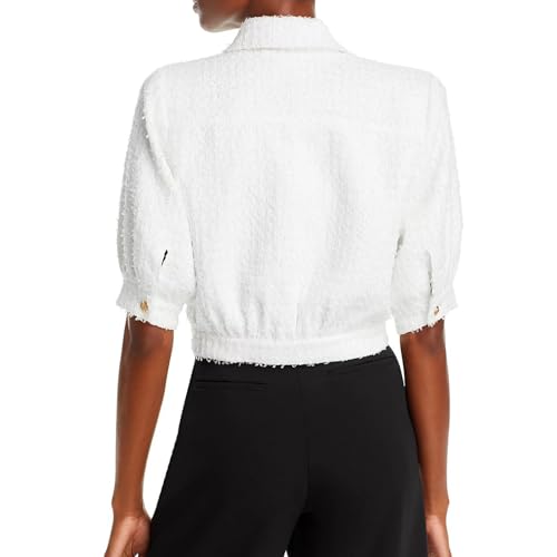Women's Cropped Tweed Blazer Puff Sleeves Short Sleeve Jacket with Gold Buttons(White,XL)3