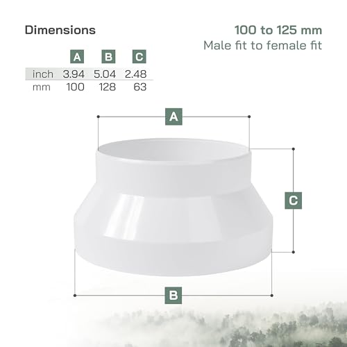 Vent Systems Kanal Reduzierstück Adapter Verbinder Fitting Rohr Erhöhung Reduzierstück Konus für HVAC Lüftungssysteme ABS Kunststoff PVC Rohr (100 mm bis 125 mm)