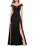 VFSHOW Womens Elegant Off Shoulder Double High Slit Formal Wedding Guest Maxi Long Dress 2023 Ruched V Neck Cocktail Prom A-Line Glitter Flowy Evening Gown (Black, Large) 10502V BLK L
